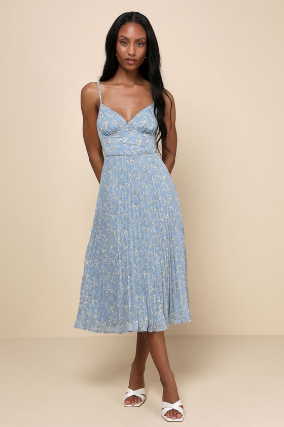 Darling Favorite Light Blue Floral Sleeveless Pleated Midi Dress