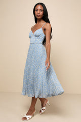 Darling Favorite Light Blue Floral Sleeveless Pleated Midi Dress