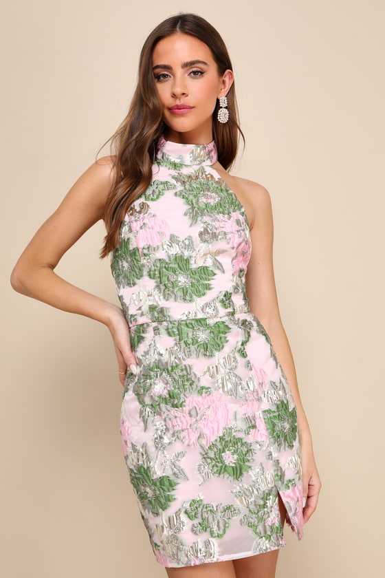 Extraordinary Impression Pink Floral Jacquard Halter Mini Dress