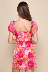 Luxe Direction Pink Floral Jacquard Puff Sleeve Mini Dress