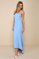 Stunning Enchantment Light Blue Backless Trumpet Hem Maxi Dress