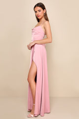 So Loving Pink Satin Pleated Lace-Up Backless Maxi Dress