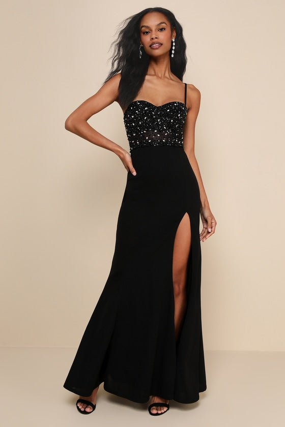 Luxe Allure Black Beaded Rhinestone Bustier Maxi Dress
