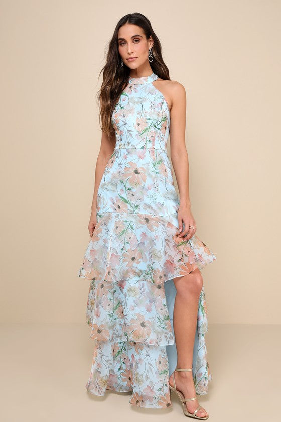 Forever Exceptional Light Blue Floral Halter Organza Maxi Dress