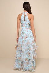 Forever Exceptional Light Blue Floral Halter Organza Maxi Dress
