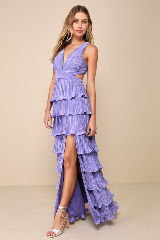 Beauty Icon Lavender Satin Pleated Tiered Lace-Up Maxi Dress