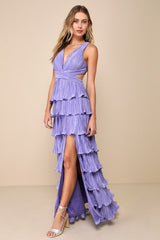 Beauty Icon Lavender Satin Pleated Tiered Lace-Up Maxi Dress