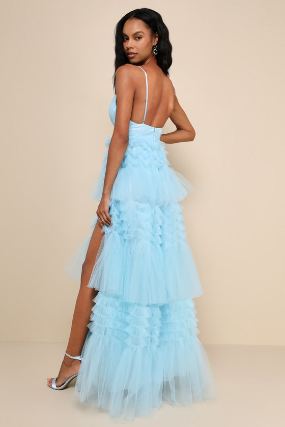 Gorgeous Statement Blue Tulle Tiered Ruffled Maxi Dress