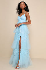 Gorgeous Statement Blue Tulle Tiered Ruffled Maxi Dress