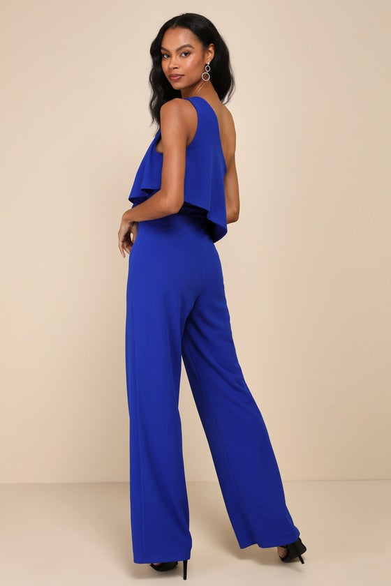 Flawless Vibes Royal Blue One-Shoulder Tiered Wide-Leg Jumpsuit