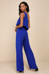 Flawless Vibes Royal Blue One-Shoulder Tiered Wide-Leg Jumpsuit