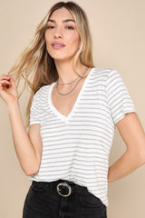 Adyn Ivory and Heather Grey Striped V-Neck Short Sleeve Tee