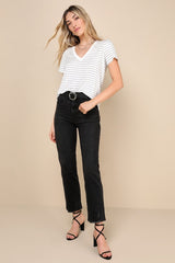 Adyn Ivory and Heather Grey Striped V-Neck Short Sleeve Tee