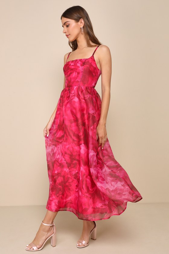 Darling Icon Dark Pink Floral Organza Lace-Up Midi Dress