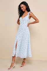 Charismatic Persona Light Blue Floral Tie-Strap Midi Dress