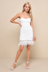 Vivacious Moment Ivory Lace Bustier Strapless Feather Mini Dress