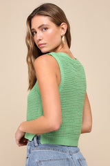 Aesthetic Ease Green Pierced Knit Button-Front Cropped Tank Top