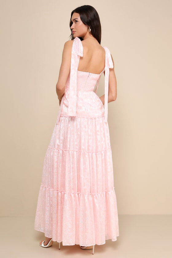 Picturesque Allure Blush Pink Jacquard Tie-Strap Maxi Dress