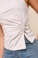 Stylish Inclination Beige Mock Neck Knot-Front Sleeveless Top