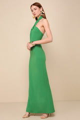 Mesmerizing Perfection Green Halter Neck Backless Maxi Dress