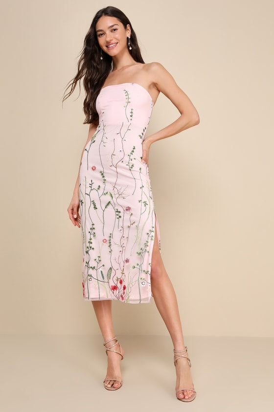 Bold Botanicals Pink Floral Embroidered Strapless Midi Dress