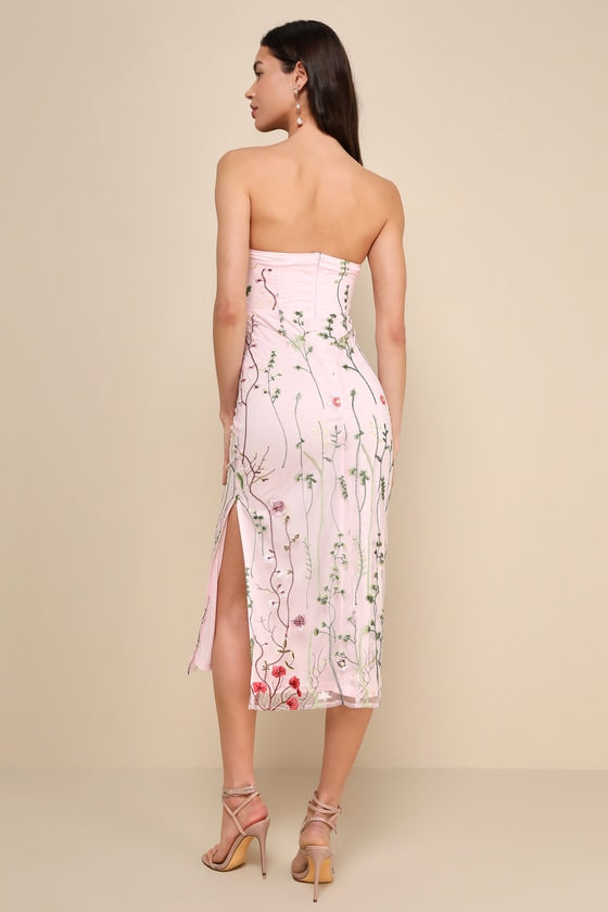 Bold Botanicals Pink Floral Embroidered Strapless Midi Dress