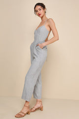 Charming Vacay Ivory and Blue Striped Lace-Up Jumpsuit