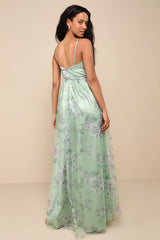 Delightful Invitation Green Floral Tulle Sleeveless Maxi Dress