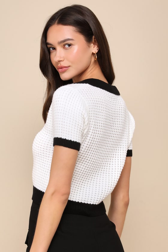 Poised Achievement Ivory and Black Short Sleeve Collared Sweater