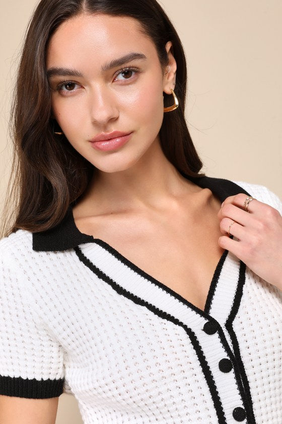 Poised Achievement Ivory and Black Short Sleeve Collared Sweater