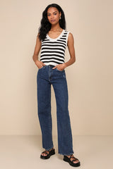Breezy Perspective Beige and Black Striped Crochet Tank Top