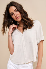Summer Escapades Beige Linen Collared Button-Up Top