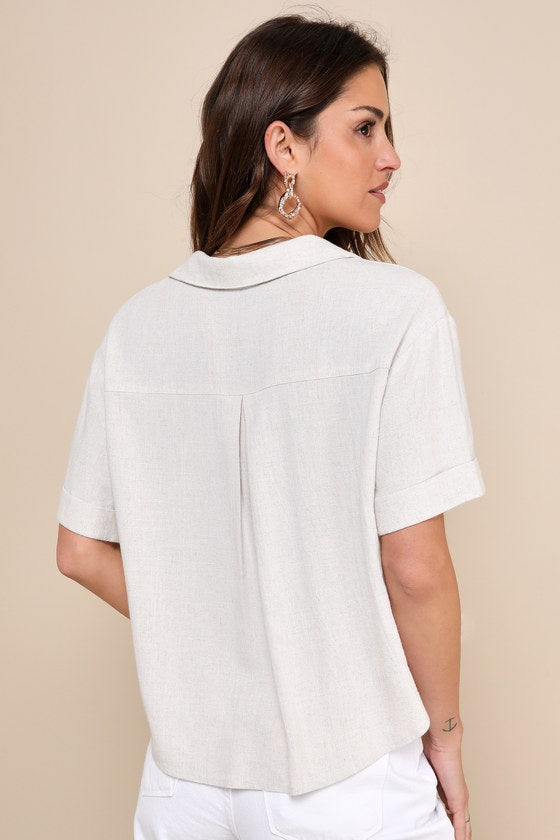 Summer Escapades Beige Linen Collared Button-Up Top