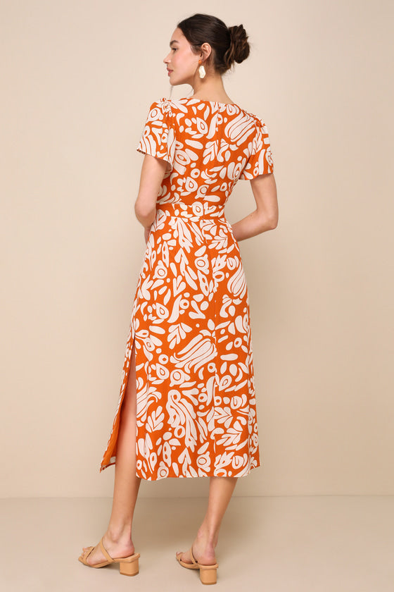Energetic Charm Rust Orange Abstract Tie-Front Midi Dress
