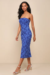 Flawless Perfection Blue Floral Applique Strapless Midi Dress