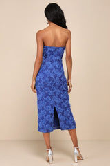 Flawless Perfection Blue Floral Applique Strapless Midi Dress