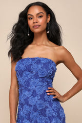 Flawless Perfection Blue Floral Applique Strapless Midi Dress