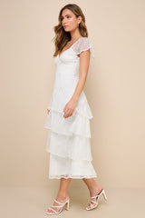 Graceful Darling White Lace Flutter Sleeve Tiered Midi Dress