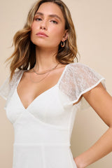 Graceful Darling White Lace Flutter Sleeve Tiered Midi Dress