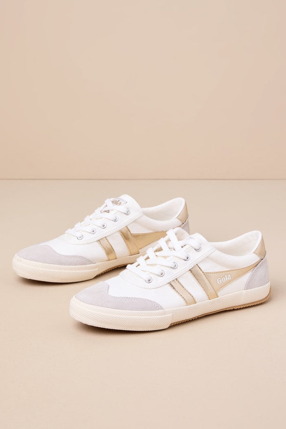 Badminton Off White and Gold Color Block Suede Leather Sneakers