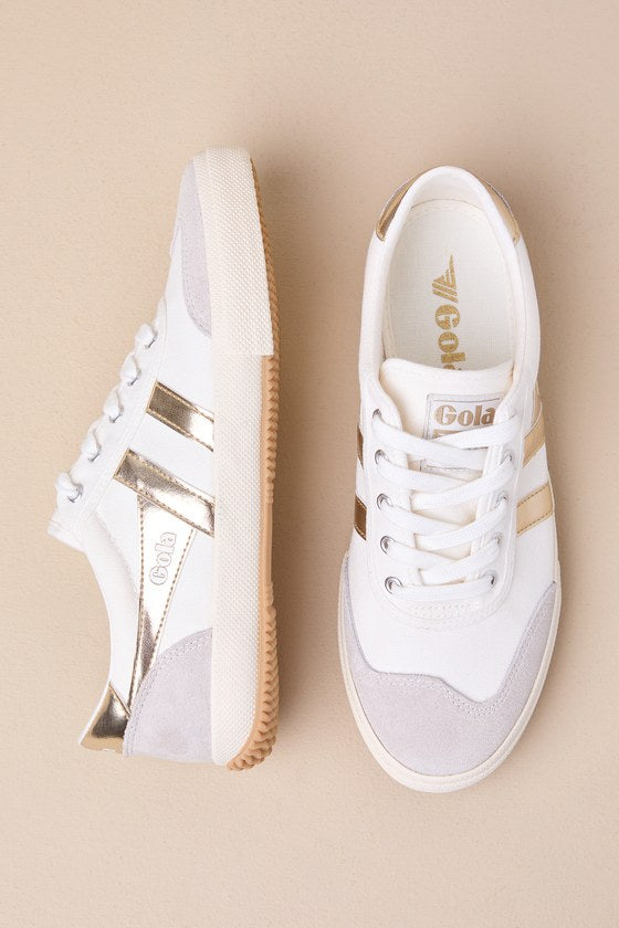 Badminton Off White and Gold Color Block Suede Leather Sneakers