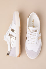 Badminton Off White and Gold Color Block Suede Leather Sneakers