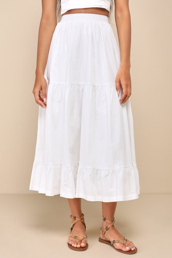 Daytime Perfection White Cotton Tiered Midi Skirt