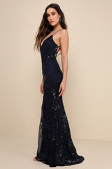 Valhalla Navy Blue Sequin Lace-Up Maxi Dress