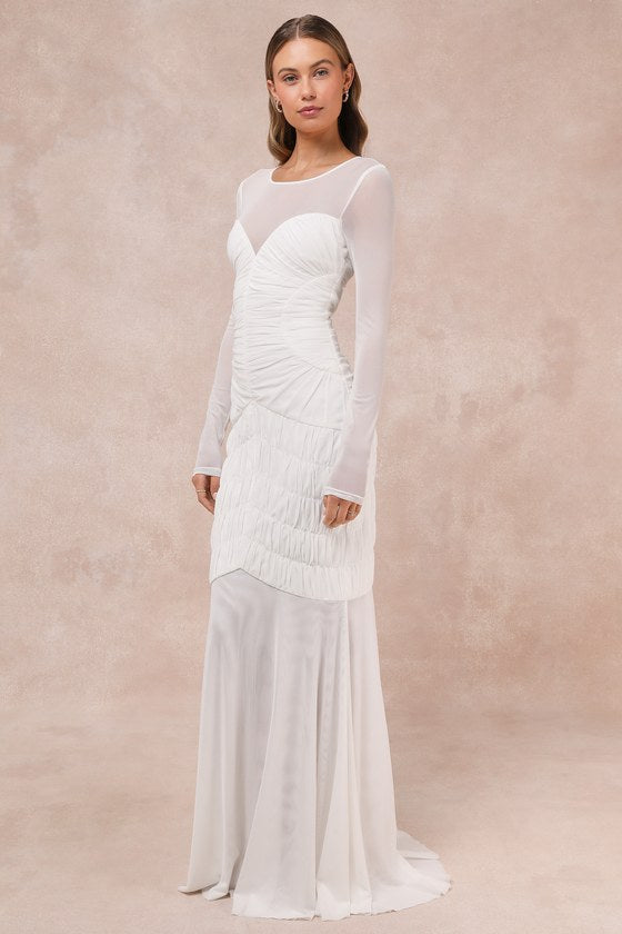Romantic Heights White Mesh Ruched Long Sleeve Maxi Dress