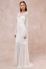 Romantic Heights White Mesh Ruched Long Sleeve Maxi Dress