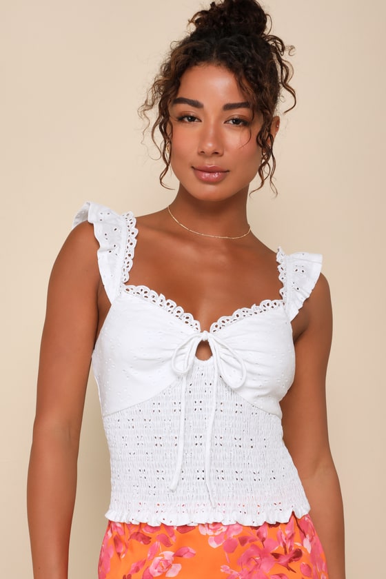 Perfect Sweetness White Eyelet Ruffled Keyhole Smocked Top