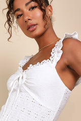 Perfect Sweetness White Eyelet Ruffled Keyhole Smocked Top