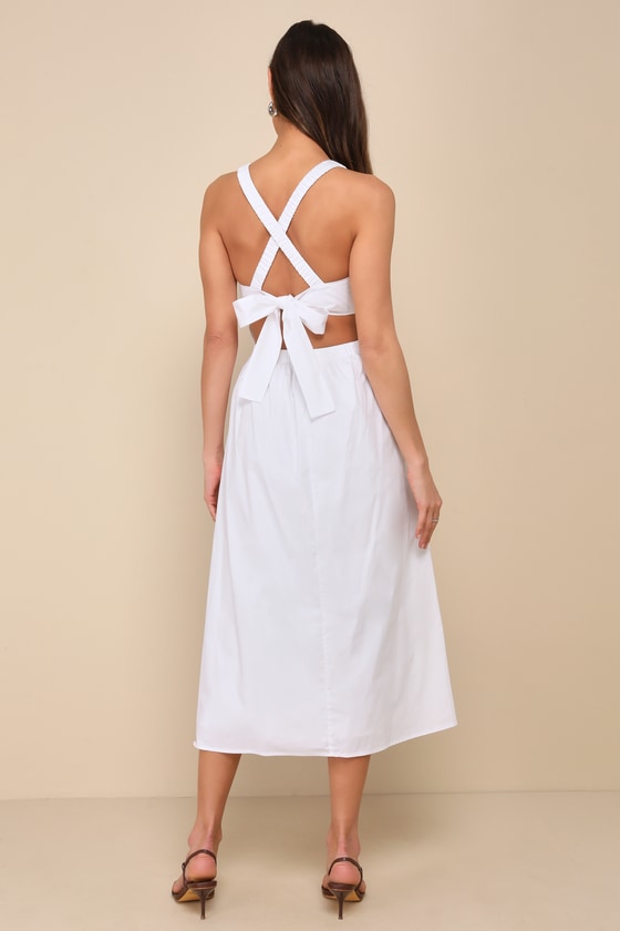 Strolling Sicily White Pleated Backless Midi Dress With Pockets