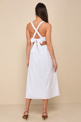 Strolling Sicily White Pleated Backless Midi Dress With Pockets